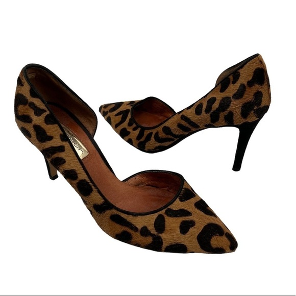 Halogen Brown Leopard Print D'Orsay Calf Hair Pointed Toe Heels Size 5 Women’s - Picture 1 of 9